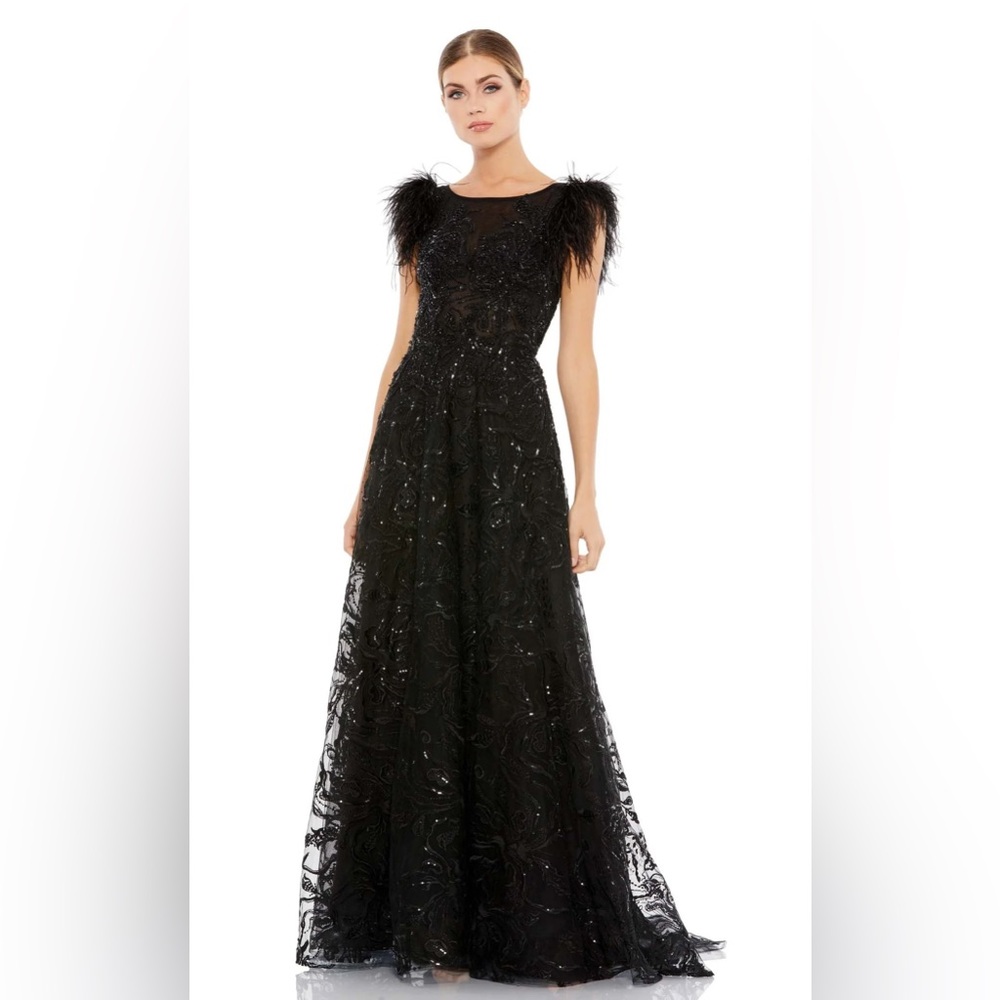 MAC DUGGAL Embellished Feather Cap Sleeve Bateau A Line Gown style# 20296